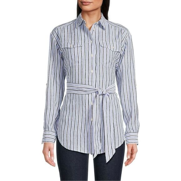 Lauren Ralph Lauren Striped Button Up Belted Linen Tunic - Picture 1 of 7